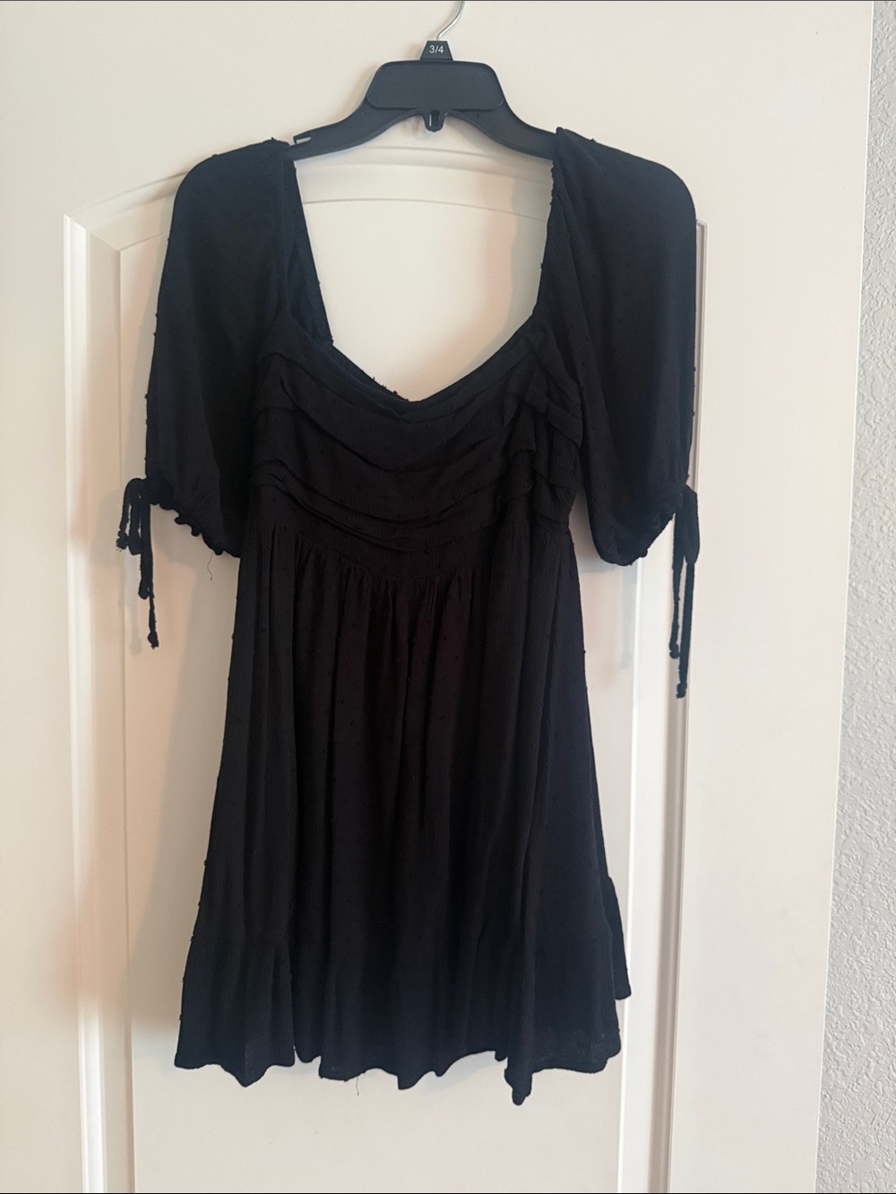miami Black Scoop-Neck Tie-Sleeve Mini Dress with Gathered Bodice